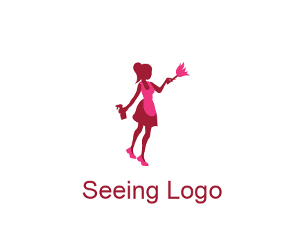 lady wearing apron holding brush cleaning logo