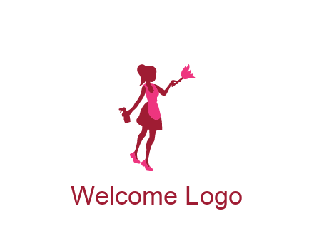lady wearing apron holding brush cleaning logo