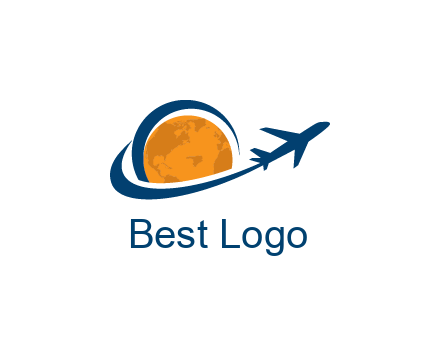 swoosh around moon with airplane travel logo