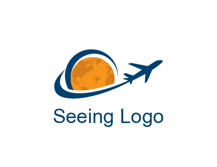 swoosh around moon with airplane travel logo