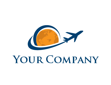 swoosh around moon with airplane travel logo