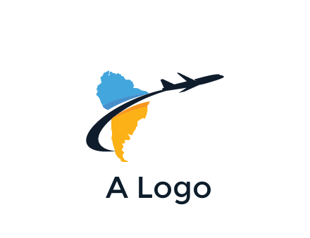 South America map with airplane travel logo 