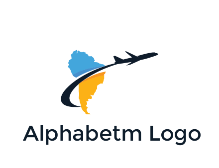 South America map with airplane travel logo 