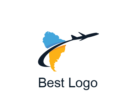 South America map with airplane travel logo 