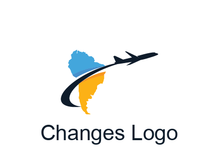 South America map with airplane travel logo 