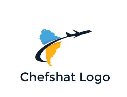 South America map with airplane travel logo 