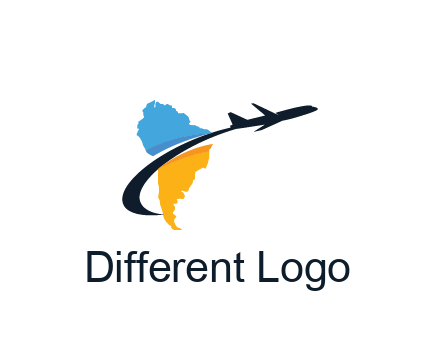 South America map with airplane travel logo 
