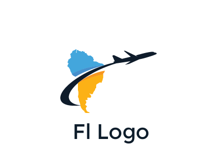 South America map with airplane travel logo 