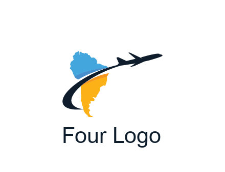 South America map with airplane travel logo 