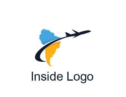 South America map with airplane travel logo 