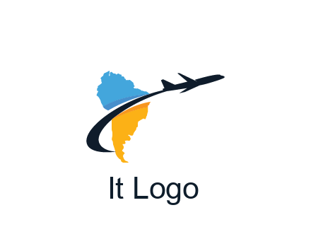 South America map with airplane travel logo 