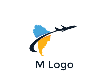 South America map with airplane travel logo 
