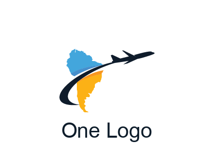 South America map with airplane travel logo 