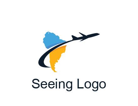 South America map with airplane travel logo 