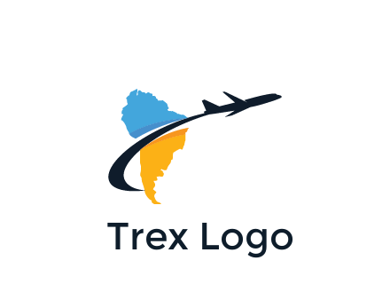 South America map with airplane travel logo 