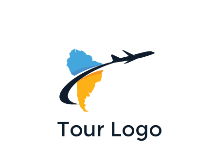 South America map with airplane travel logo 