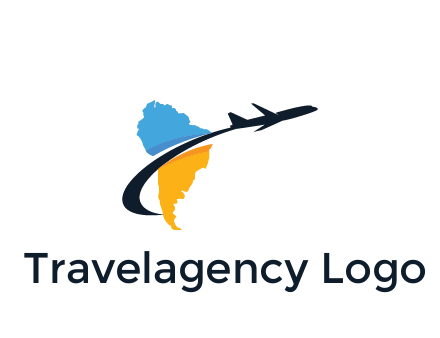 South America map with airplane travel logo 