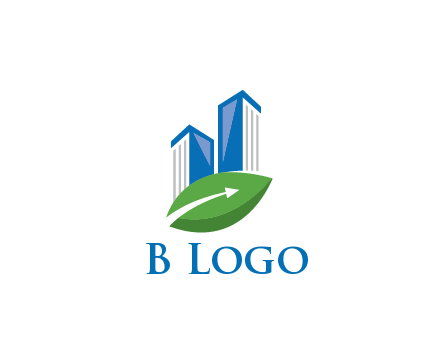 buildings with arrow in leaf real estate logo