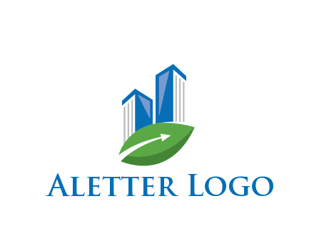 buildings with arrow in leaf real estate logo