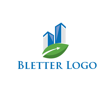 buildings with arrow in leaf real estate logo