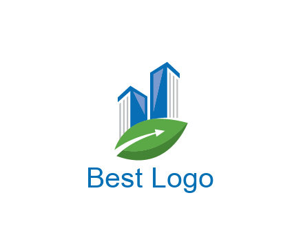 buildings with arrow in leaf real estate logo