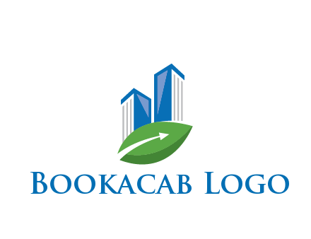 buildings with arrow in leaf real estate logo