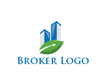 buildings with arrow in leaf real estate logo