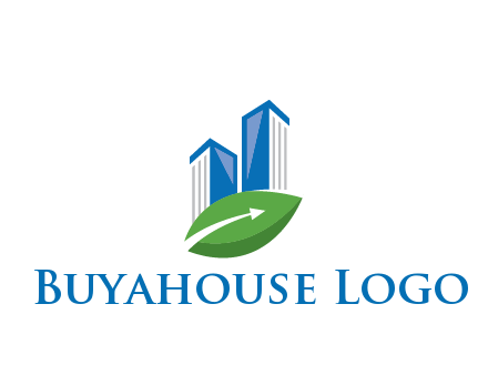 buildings with arrow in leaf real estate logo