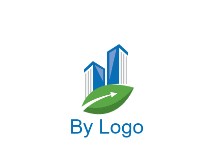 buildings with arrow in leaf real estate logo