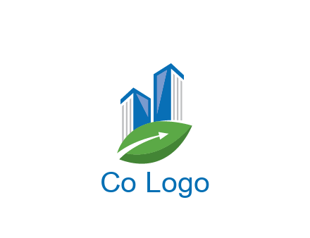buildings with arrow in leaf real estate logo