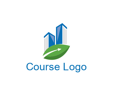 buildings with arrow in leaf real estate logo