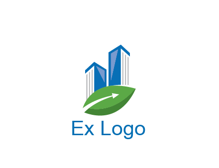 buildings with arrow in leaf real estate logo