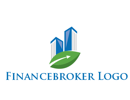 buildings with arrow in leaf real estate logo
