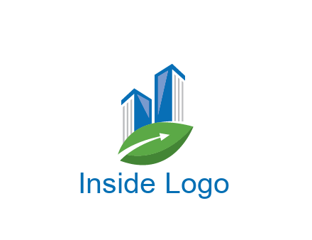 buildings with arrow in leaf real estate logo