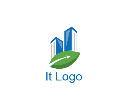 buildings with arrow in leaf real estate logo