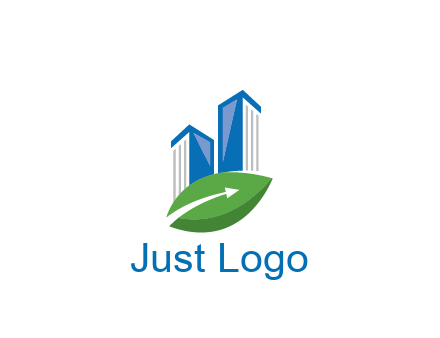 buildings with arrow in leaf real estate logo