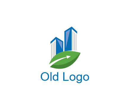 buildings with arrow in leaf real estate logo