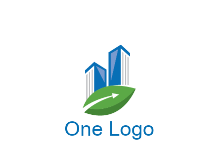 buildings with arrow in leaf real estate logo
