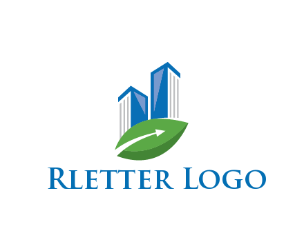 buildings with arrow in leaf real estate logo
