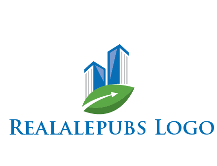 buildings with arrow in leaf real estate logo