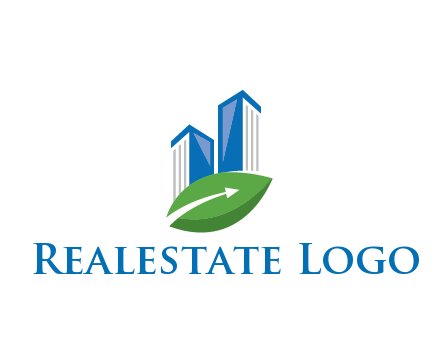 buildings with arrow in leaf real estate logo