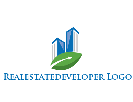 buildings with arrow in leaf real estate logo