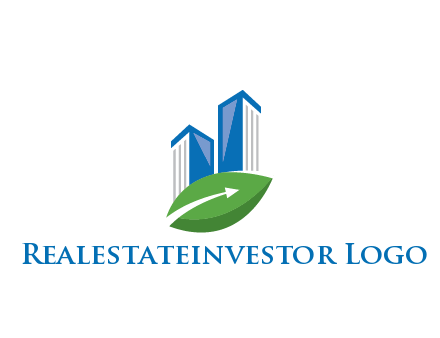 buildings with arrow in leaf real estate logo