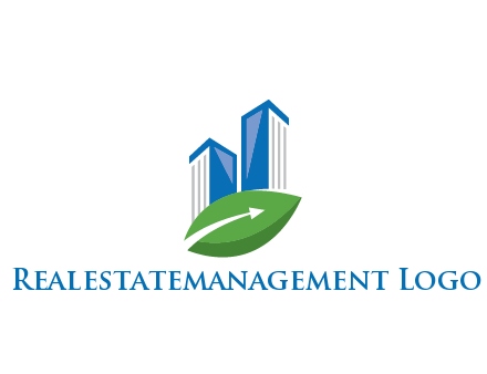 buildings with arrow in leaf real estate logo
