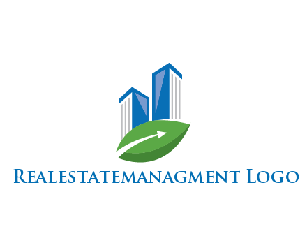 buildings with arrow in leaf real estate logo