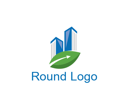 buildings with arrow in leaf real estate logo