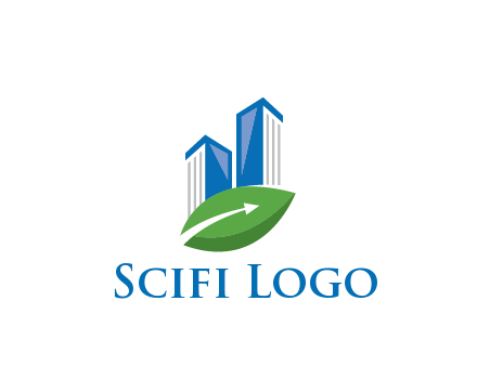 buildings with arrow in leaf real estate logo