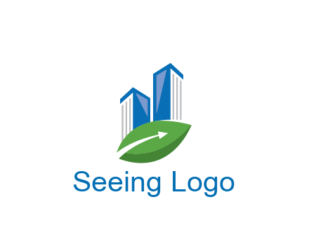 buildings with arrow in leaf real estate logo