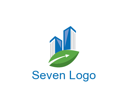 buildings with arrow in leaf real estate logo