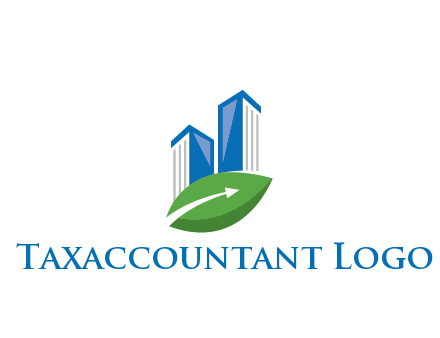 buildings with arrow in leaf real estate logo